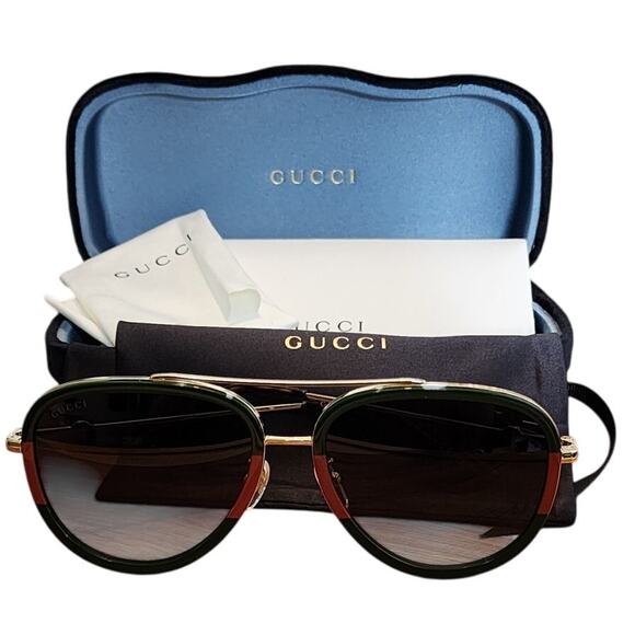 Gucci Aviator Sunglasses, Gold Metal Frame with Green & Red Web, NIB - Picture 7 of 9